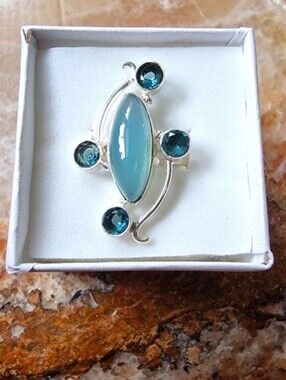Vintage Aqua Chalcedony & Blue Topaz Sterling Silver Ring Size 7
